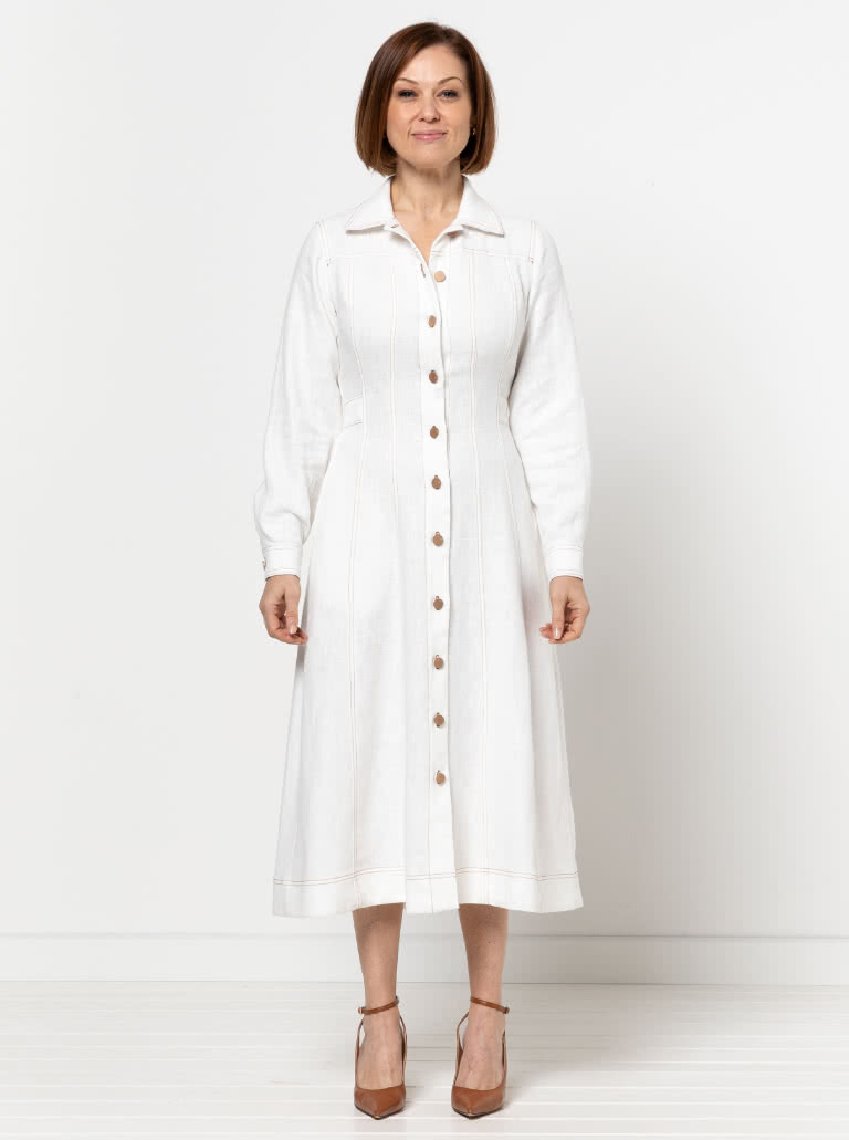 Tatum Woven Dress By Style Arc - Panelled button through waisted A-line fitted shirt dress with long sleeves and collar.