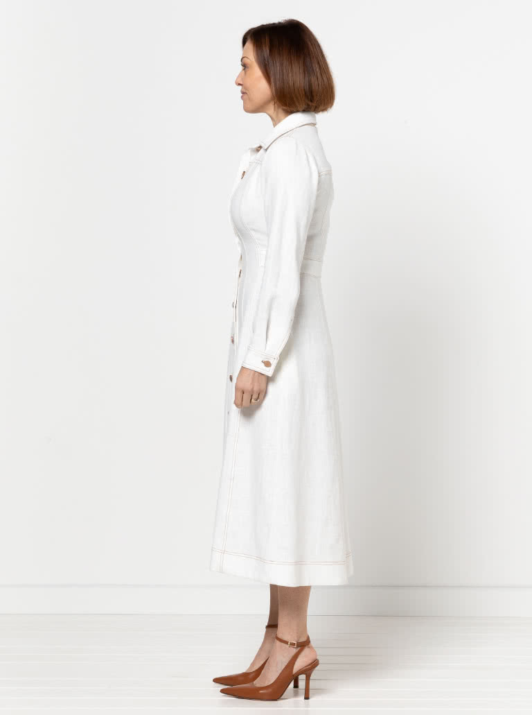 Tatum Woven Dress By Style Arc - Panelled button through waisted A-line fitted shirt dress with long sleeves and collar.