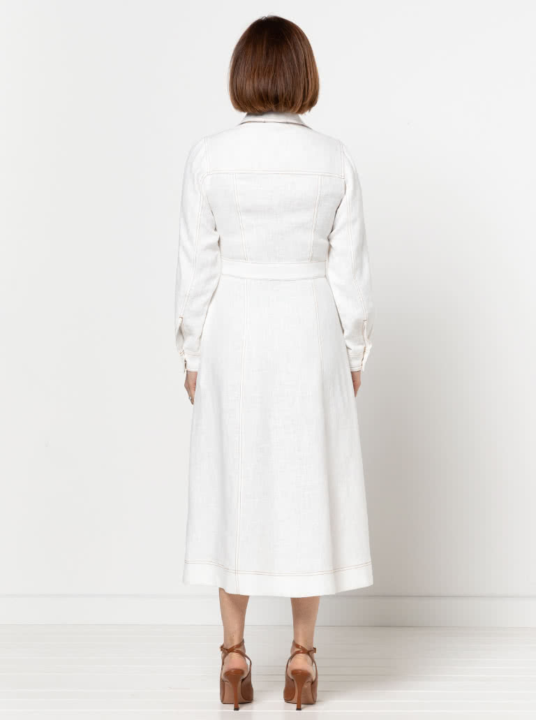 Tatum Woven Dress By Style Arc - Panelled button through waisted A-line fitted shirt dress with long sleeves and collar.