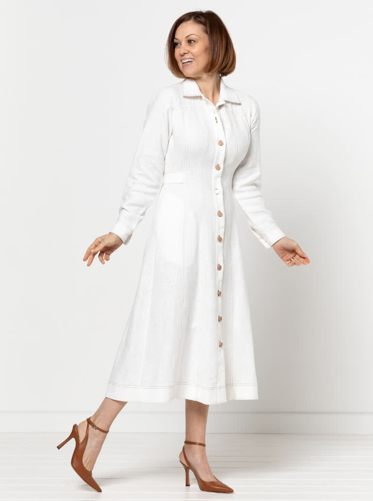 Tatum Woven Dress By Style Arc - Panelled button through waisted A-line fitted shirt dress with long sleeves and collar.