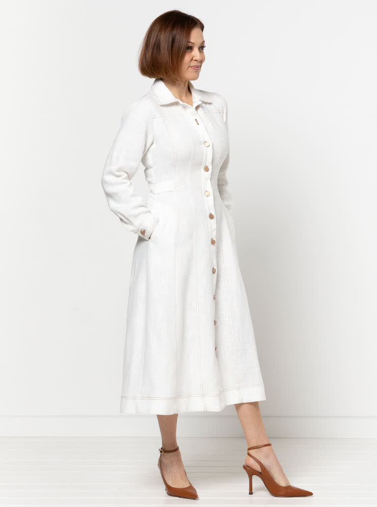 Tatum Woven Dress By Style Arc - Panelled button through waisted A-line fitted shirt dress with long sleeves and collar.