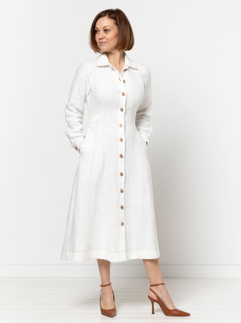 Tatum Woven Dress By Style Arc - Panelled button through waisted A-line fitted shirt dress with long sleeves and collar.