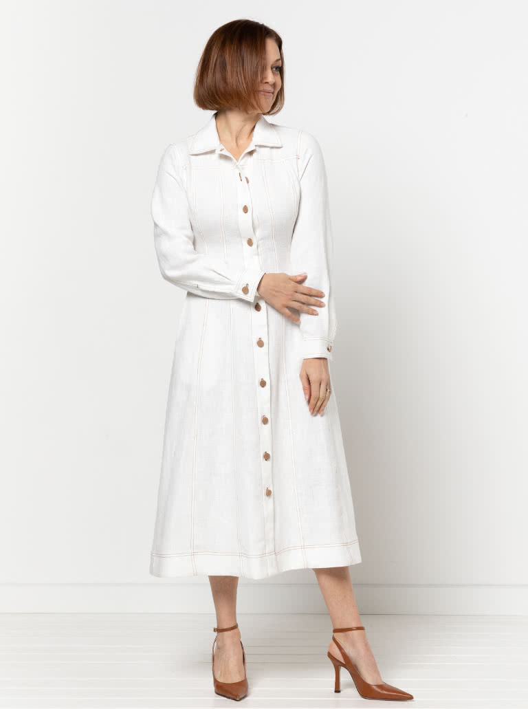 Tatum Woven Dress By Style Arc - Panelled button through waisted A-line fitted shirt dress with long sleeves and collar.