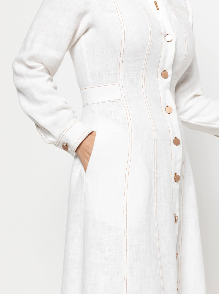 Tatum Woven Dress By Style Arc - Panelled button through waisted A-line fitted shirt dress with long sleeves and collar.