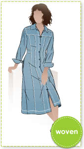 Tatum Woven Dress By Style Arc - Panelled button through waisted A-line fitted shirt dress with long sleeves and collar.