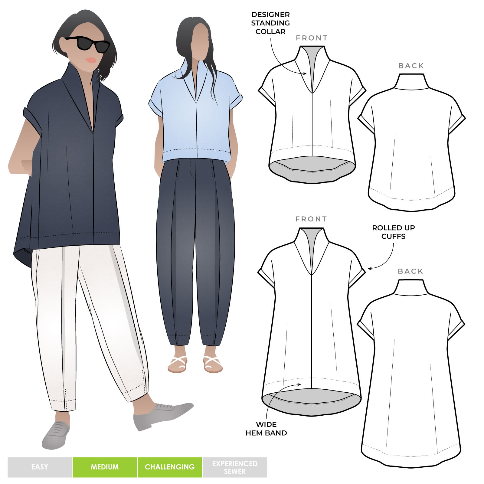 Teddy Designer Top Sewing Pattern By Style Arc - Swing back top with flattering collar and hem facings.