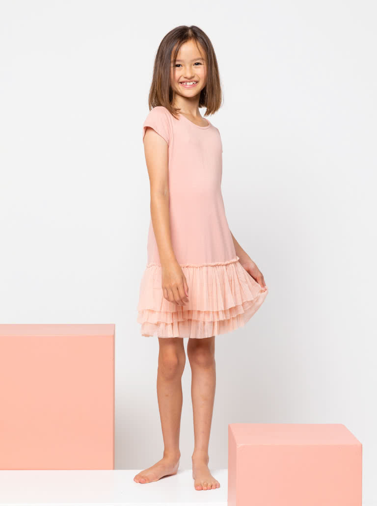 Tilly Kids Knit Dress By Style Arc - "T" shirt style knit dress with 3 tulle frills for kids 2-8