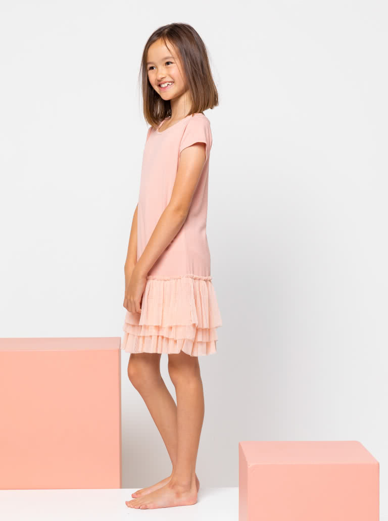 Tilly Kids Knit Dress By Style Arc - "T" shirt style knit dress with 3 tulle frills for kids 2-8