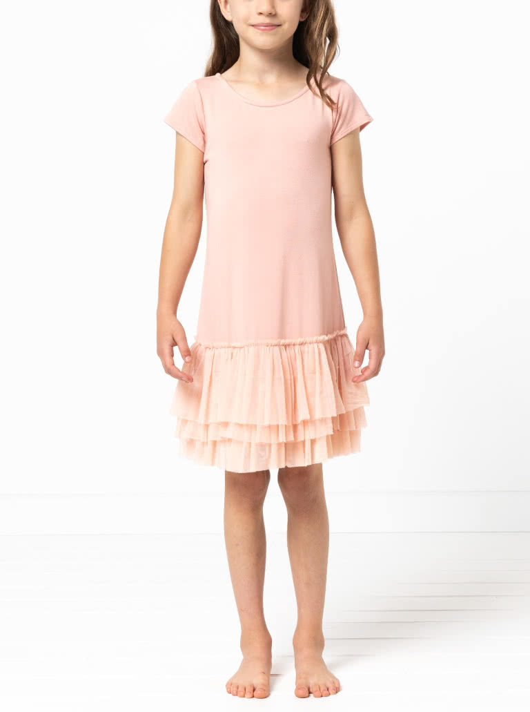 Tilly Kids Knit Dress By Style Arc - "T" shirt style knit dress with 3 tulle frills for kids 2-8