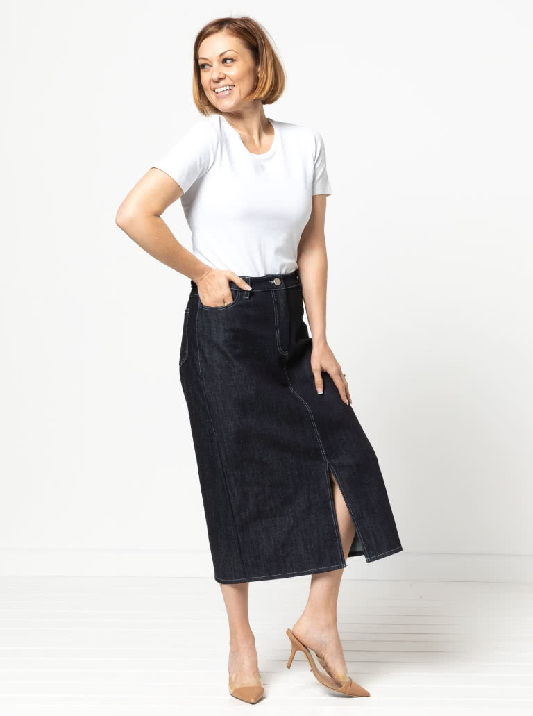 Tommie Jeans Skirt By Style Arc - Traditional calf length jeans skirt with front split.