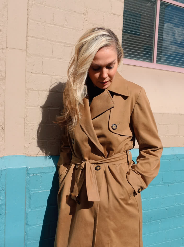 Tracy Trench Coat By Style Arc - Casual classic double-breasted unlined trench coat featuring welted pockets chest flap and belt.