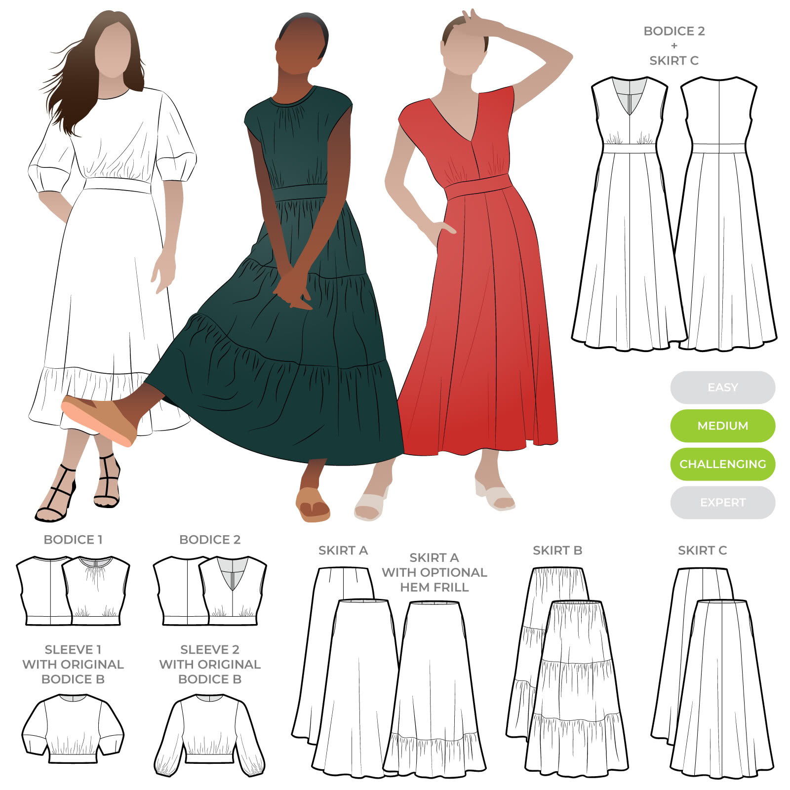 Trinnie Extension Pack By Style Arc - You will need the original Trinnie Woven Dress pattern to use this extension pack. The extension pack includes 2 new bodices, skirts and sleeves.