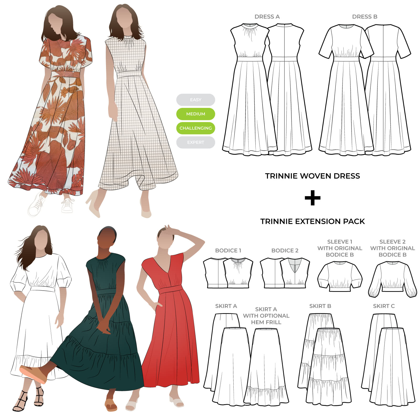 Trinnie Woven Dress + Extension Pack Bundle Sewing Pattern Bundle By Style Arc - There are so many gorgeous dresses to sew when you combine the Trinnie Woven Dress and the Trinnie Extension Pack!
