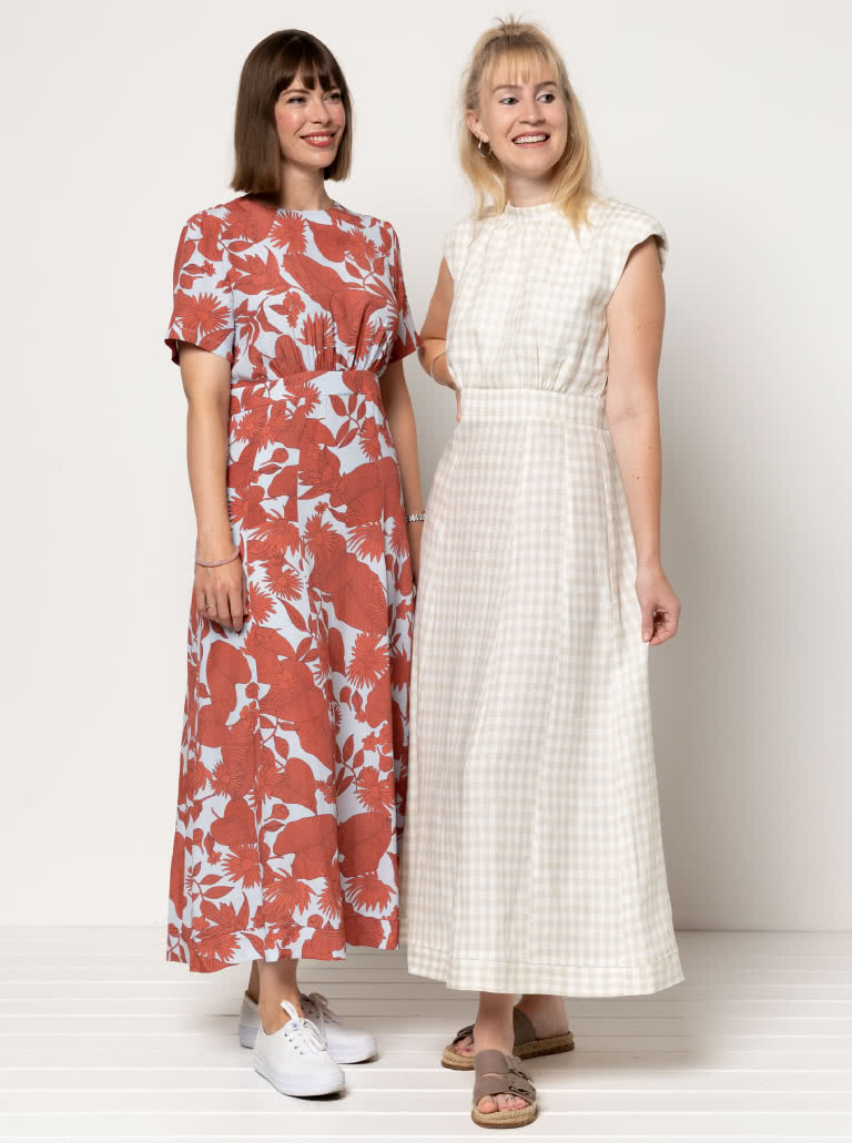 Trinnie Woven Dress By Style Arc - Two versions. Version A - Longline sleeveless gored dress with waist band & stand collar. Version B - Longline gored dress with short sleeves and waistband.