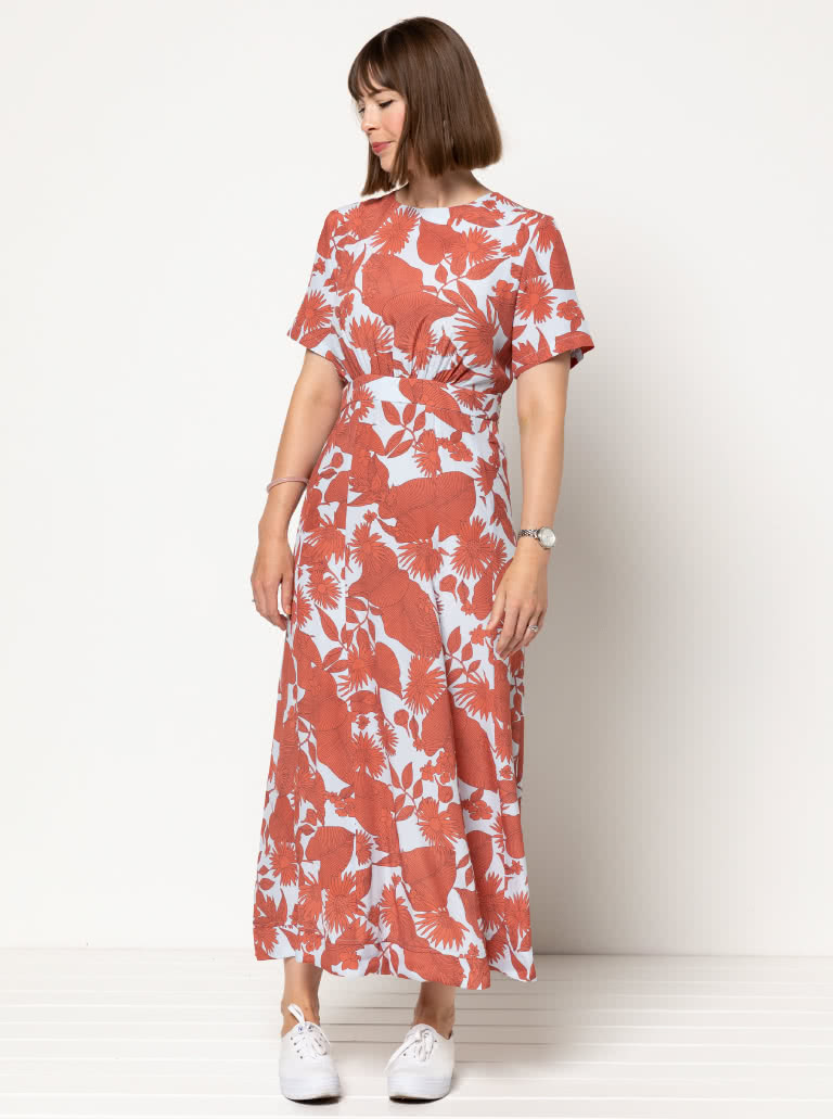 Trinnie Woven Dress By Style Arc - Two versions. Version A - Longline sleeveless gored dress with waist band & stand collar. Version B - Longline gored dress with short sleeves and waistband.