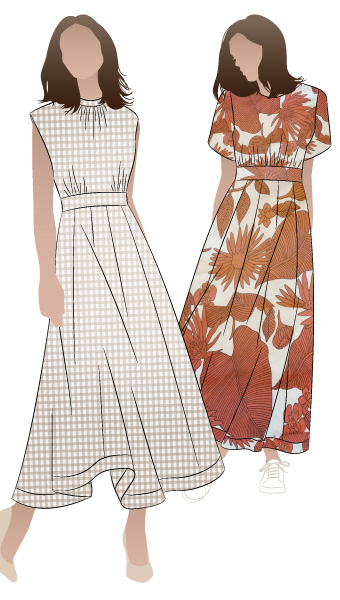 Trinnie Woven Dress By Style Arc - 2 Versions - "A" Longline sleeveless gored dress with waist band & stand collar. "B" Longline gored dress with short sleeves and waistband.