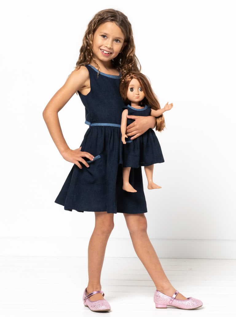 Tulip Kids Dress By Style Arc - Round neck dress with gathered skirt and open back with snap closure, for kids 2-8. Doll's Dress pattern included for 45cm (18")
