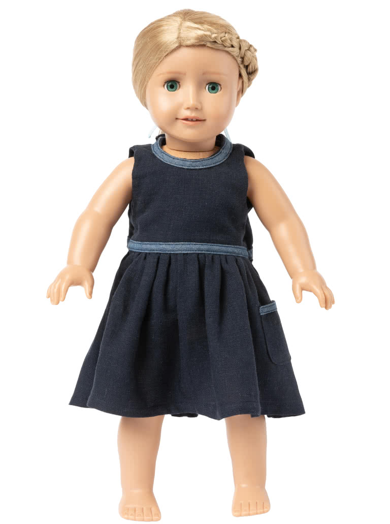 Tulip Kids Dress By Style Arc - Round neck dress with gathered skirt and open back with snap closure, for kids 2-8. Doll's Dress pattern included for 45cm (18")