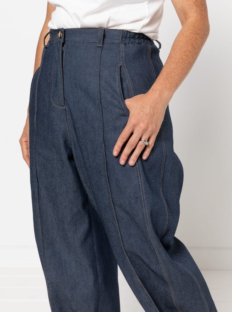 Twig Woven Pant By Style Arc - Barrel leg high waisted jeans with fly front and inseam pockets.