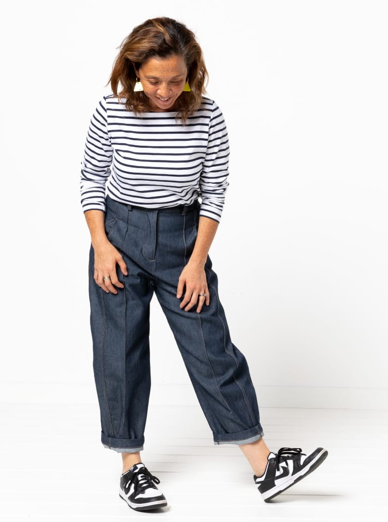 Twig Woven Pant By Style Arc - Barrel leg high waisted jeans with fly front and inseam pockets.