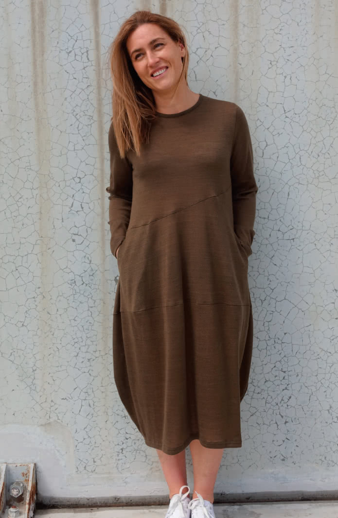 Venice Knit Dress Sewing Pattern By Style Arc - Cocoon shaped knit dress with angled seams, long sleeves and slit pockets.