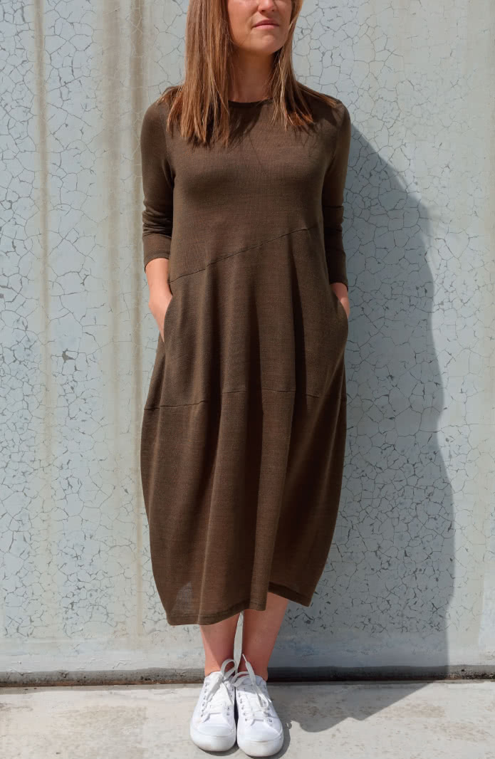 Venice Knit Dress Sewing Pattern By Style Arc - Cocoon shaped knit dress with angled seams, long sleeves and slit pockets.