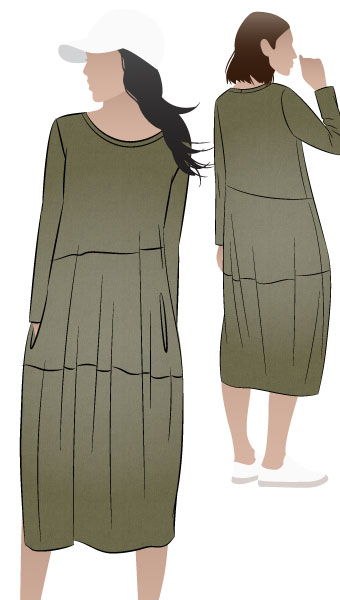 Venice Knit Dress By Style Arc - Cocoon shaped knit dress with angled seams, long sleeves and slit pockets.