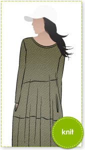 Venice Knit Dress Sewing Pattern By Style Arc - Cocoon shaped knit dress with angled seams, long sleeves and slit pockets.