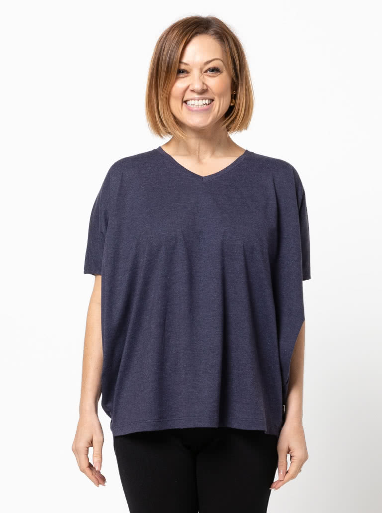 Venn Knit Tunic Top By Style Arc - Draped top with "V" neck, high-low hemline and extended shoulder line.