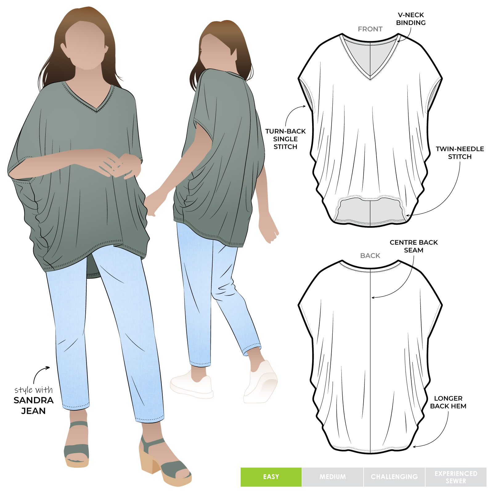 Venn Knit Tunic Top By Style Arc - Draped top with "V" neck, high-low hemline and extended shoulder line.