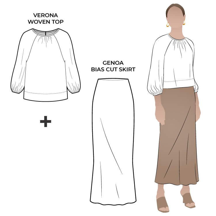 Verona Woven Top and Genoa Bias Cut Skirt Sewing Pattern Bundle By Style Arc - On trend easy fit statement sleeve top and ankle length bias cut skirt bundle..