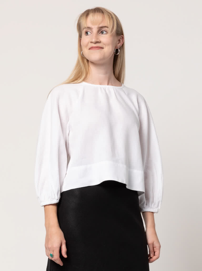 Verona Woven Top By Style Arc - Pull on top with button and loop opening at back with gathered 3/4 sleeves