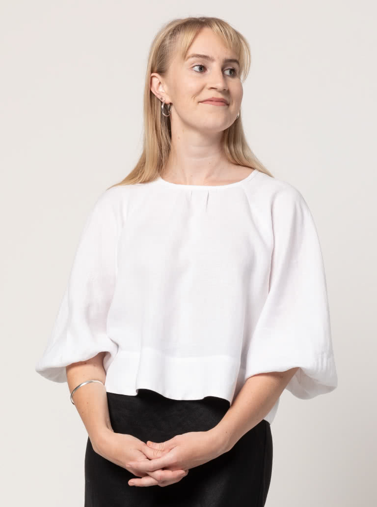 Verona Woven Top By Style Arc - Pull on top with button and loop opening at back with gathered 3/4 sleeves