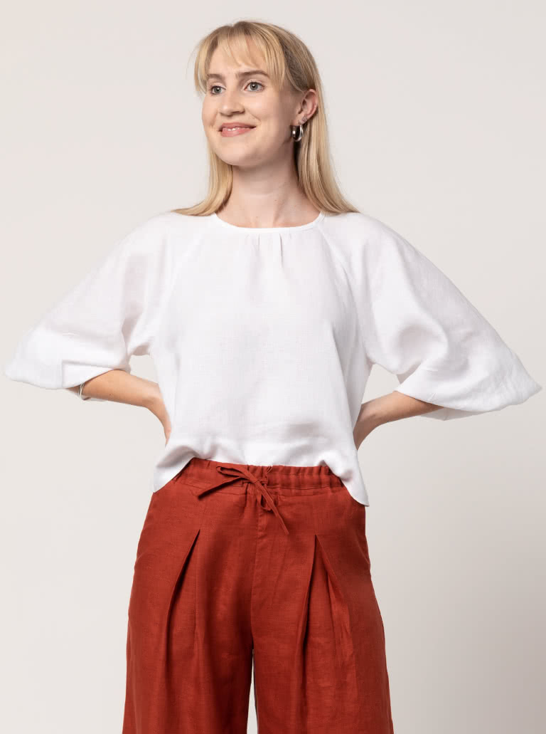 Verona Woven Top By Style Arc - Pull on top with button and loop opening at back with gathered 3/4 sleeves