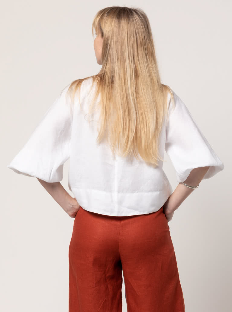 Verona Woven Top By Style Arc - Pull on top with button and loop opening at back with gathered 3/4 sleeves