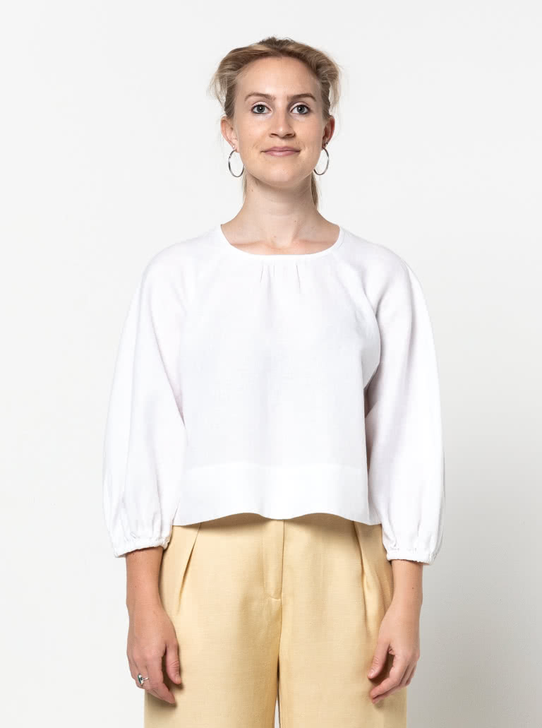 Verona Woven Top By Style Arc - Pull on top with button and loop opening at back with gathered 3/4 sleeves