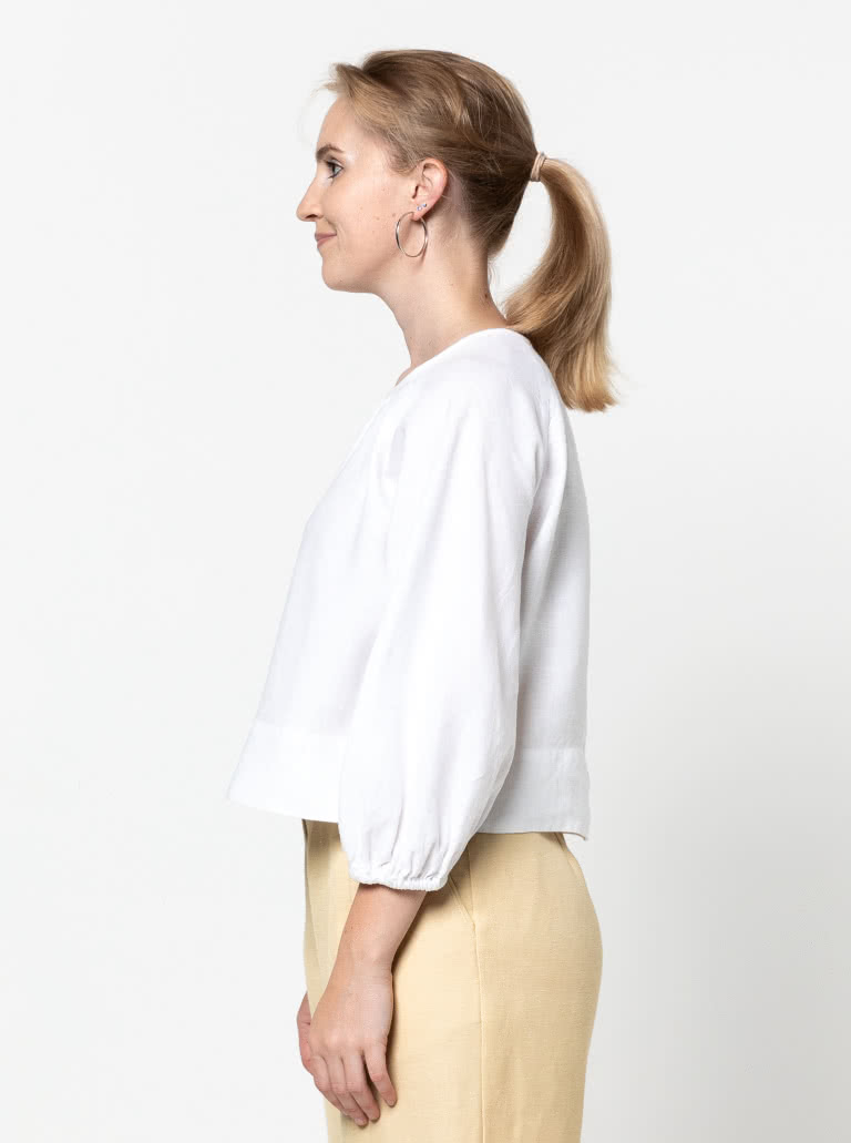 Verona Woven Top By Style Arc - Pull on top with button and loop opening at back with gathered 3/4 sleeves