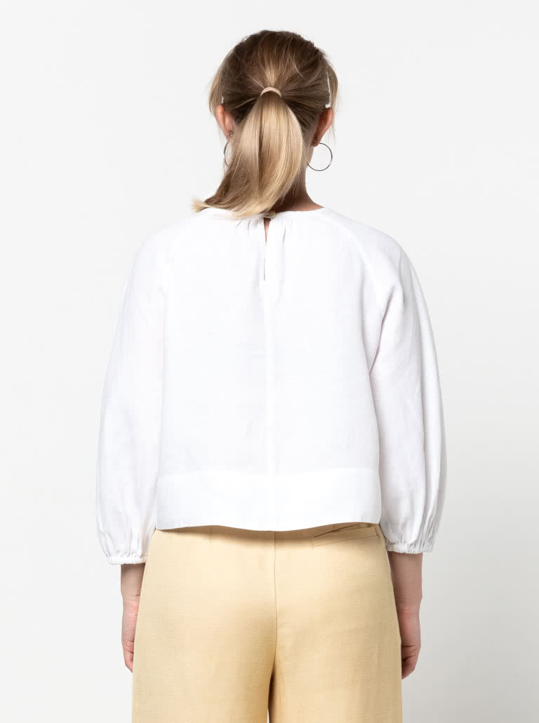 Verona Woven Top By Style Arc - Pull on top with button and loop opening at back with gathered 3/4 sleeves
