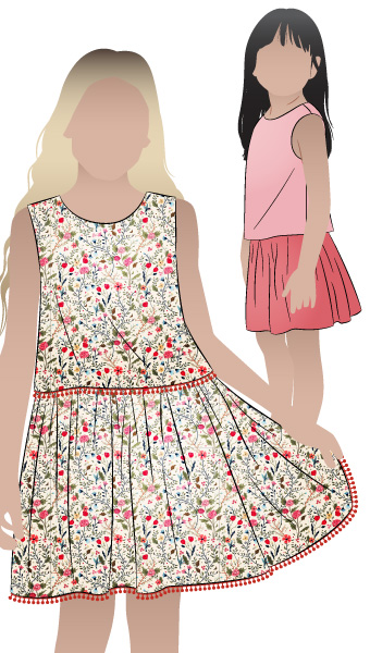 Victoria Kids Woven Dress By Style Arc - Easy-fit dress featuring a bodice overlay, elastic waist, and a gathered skirt, elegantly finished with a back neck button, for Kids 02-14