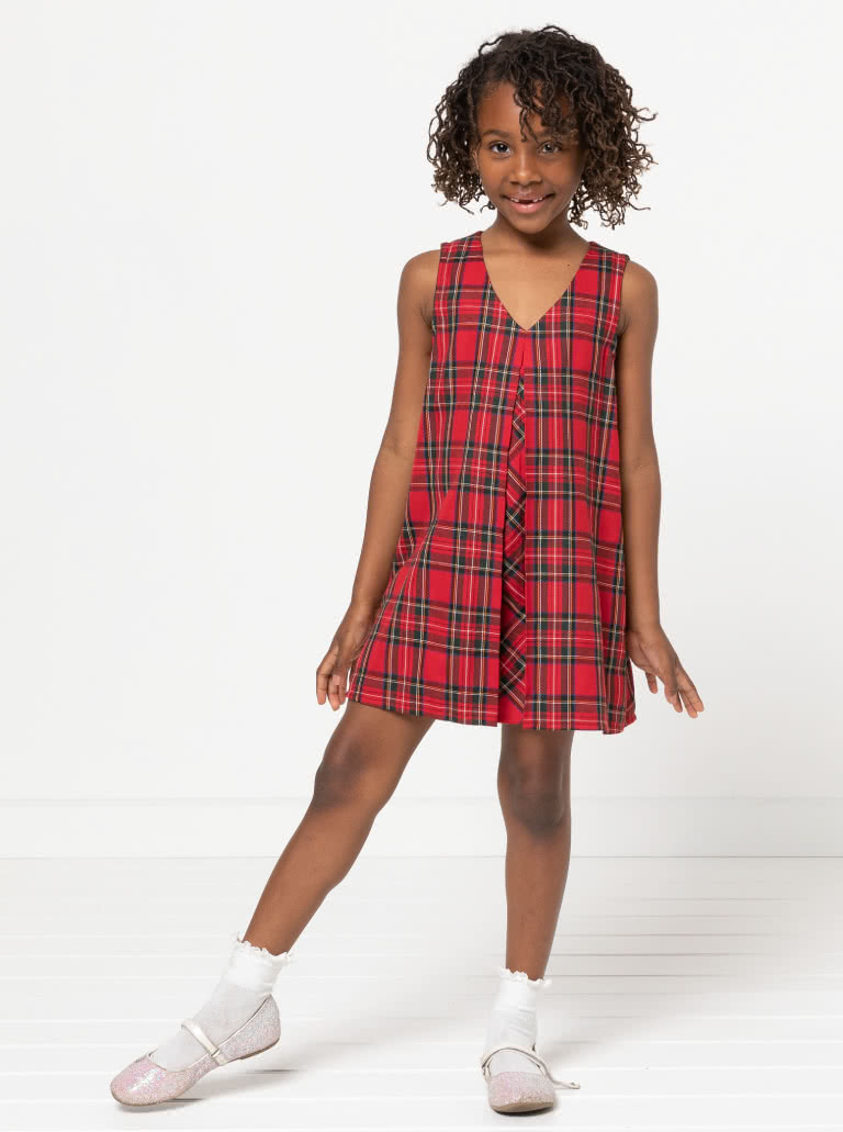 Vivian Kids Dress By Style Arc - Sleeveless A-line dress with inverted pleat, for kids 2-14 (Layered)
