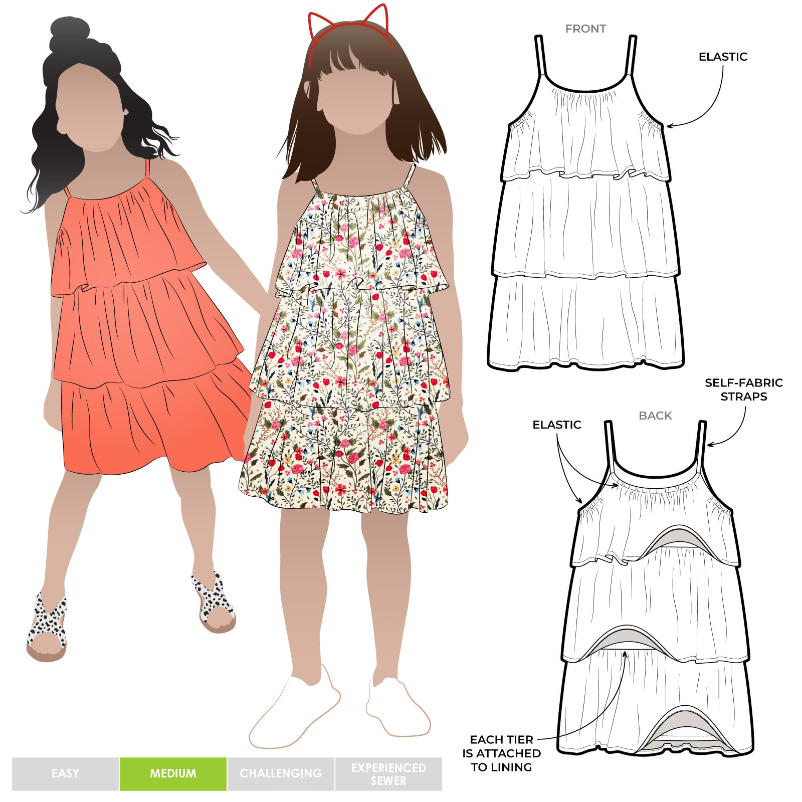 Wilma Kids Dress By Style Arc - Gathered three-tiered dress with full lining and thin straps, for kids 2- 8.