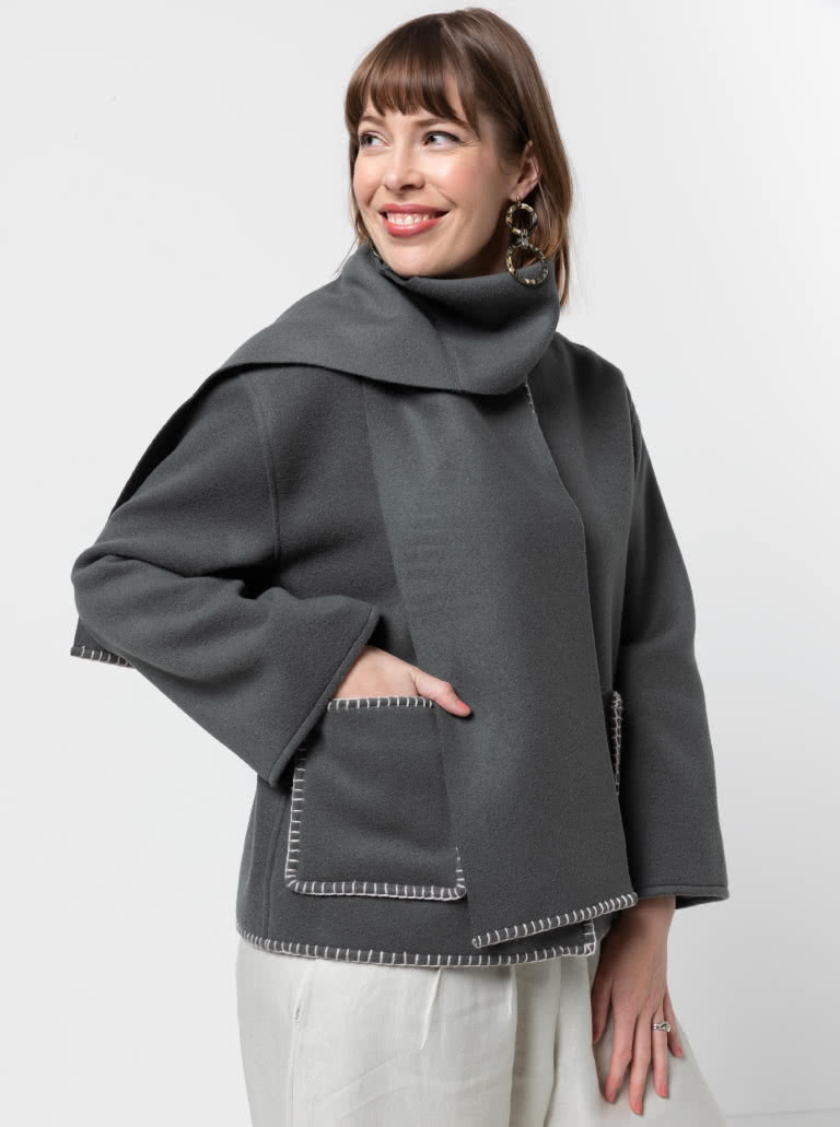 Wren Jacket By Style Arc - Square shaped jacket & scarf with blanket stitch finish