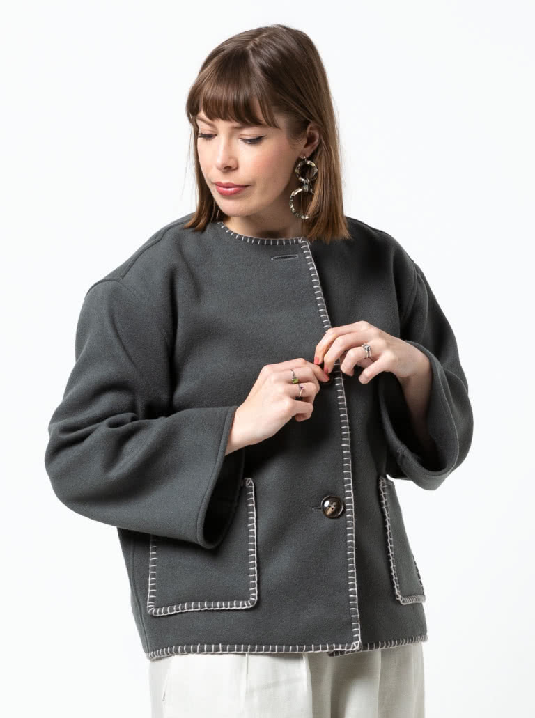 Wren Jacket By Style Arc - Square shaped jacket & scarf with blanket stitch finish