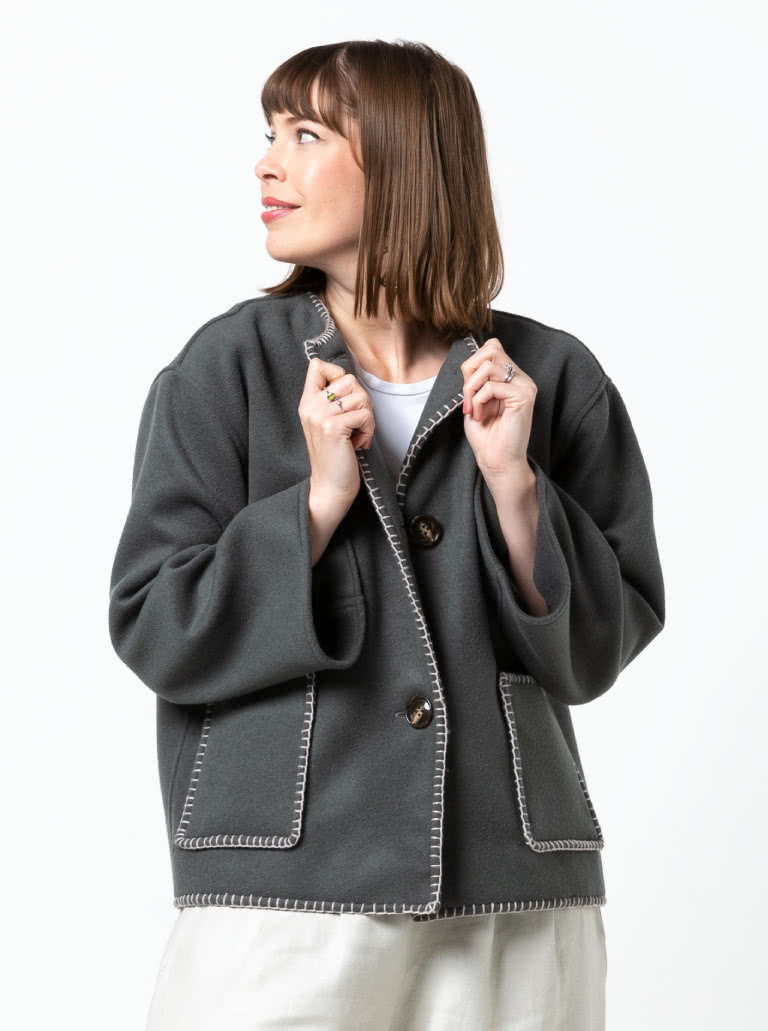 Wren Jacket By Style Arc - Square shaped jacket & scarf with blanket stitch finish