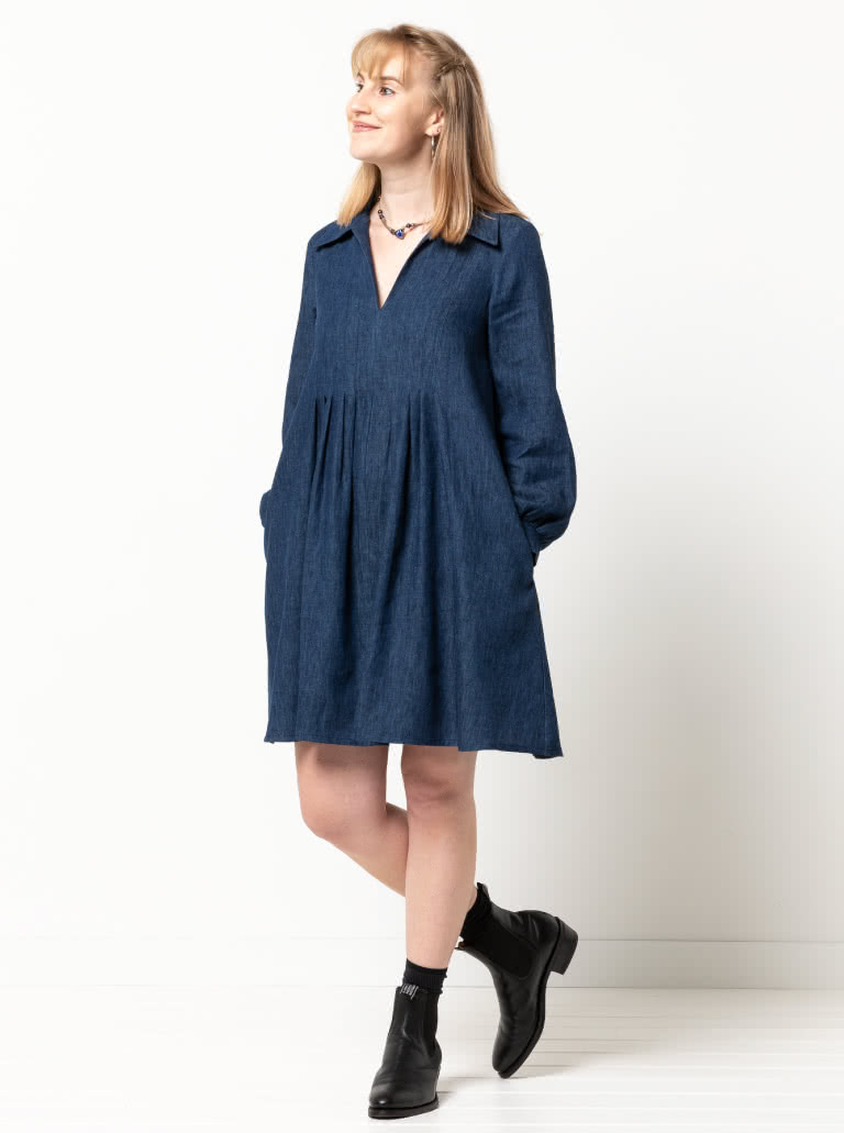 Xanthe Woven Dress By Style Arc - "A" line dress featuring front tucks, long sleeves, "V" neck and collar.