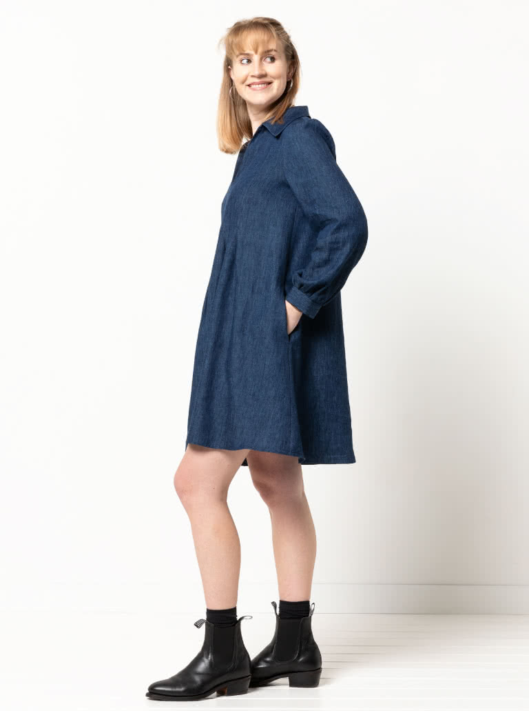 Xanthe Woven Dress By Style Arc - "A" line dress featuring front tucks, long sleeves, "V" neck and collar.