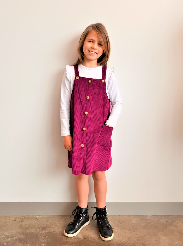 Zoe Kids Pinafore By Style Arc - Slight A-line kids pinafore – wear with a T-shirt for summer or layer with a skivvy and jumper for winter